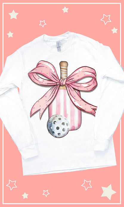 Pickleball Pink Bow Rhinestone Graphic Long Sleeve T-Shirt
