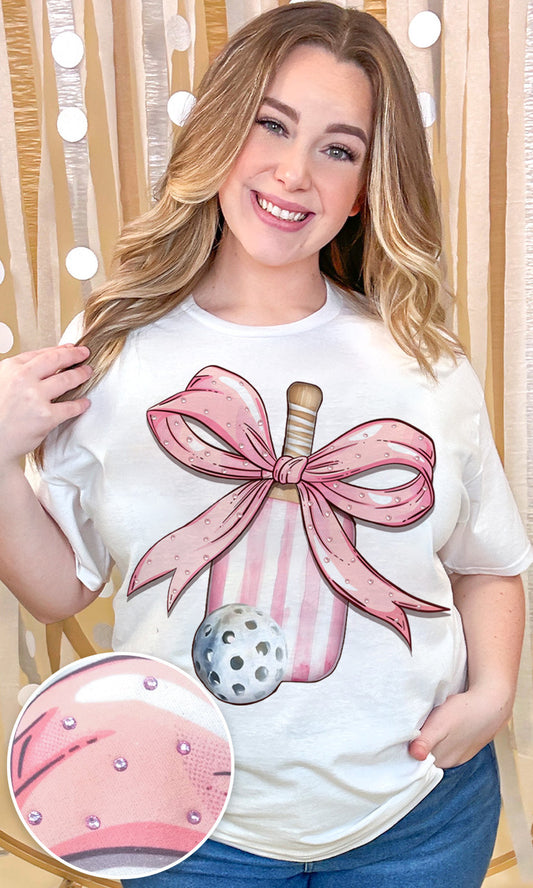 Pickleball Pink Bow Rhinestone Graphic Shirt