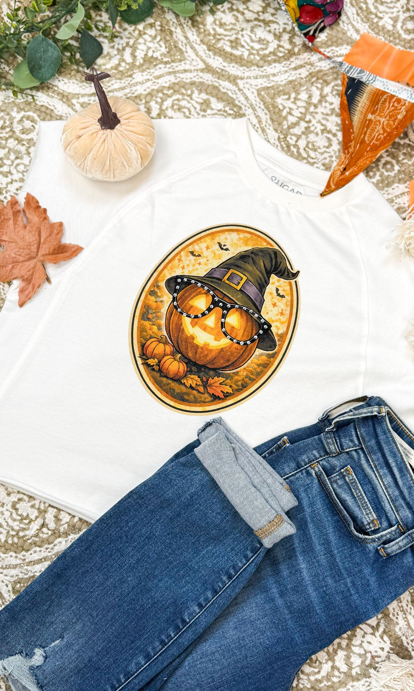 Pumpkin with Rhinestone Specs Graphic Edgy Shirt