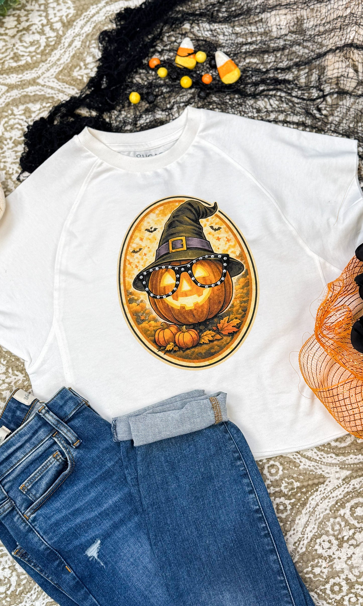 Pumpkin with Rhinestone Specs Graphic Edgy Shirt