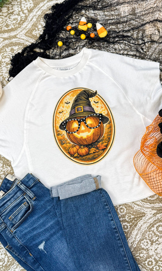 Pumpkin with Rhinestone Specs Graphic Edgy Shirt