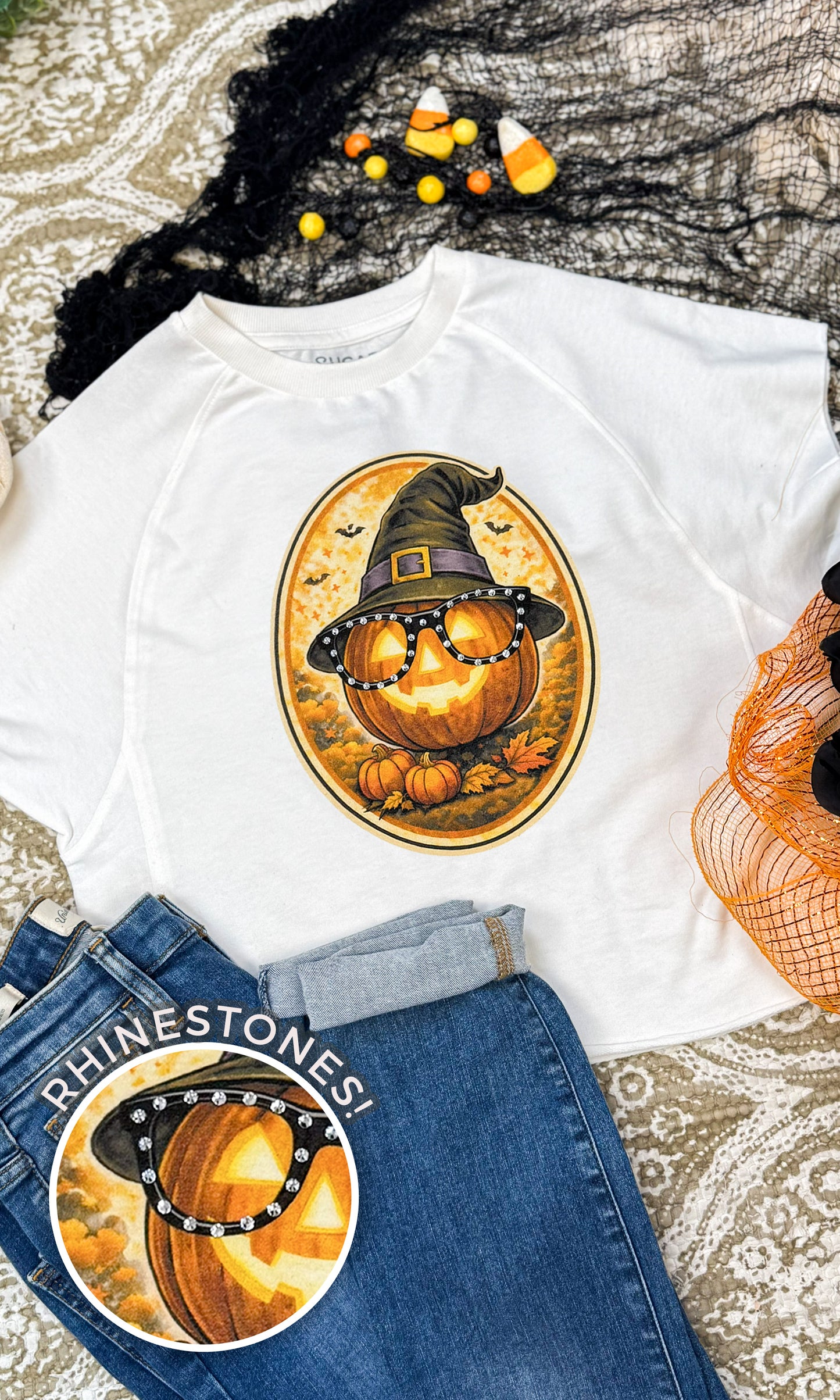 Pumpkin with Rhinestone Specs Graphic Edgy Shirt