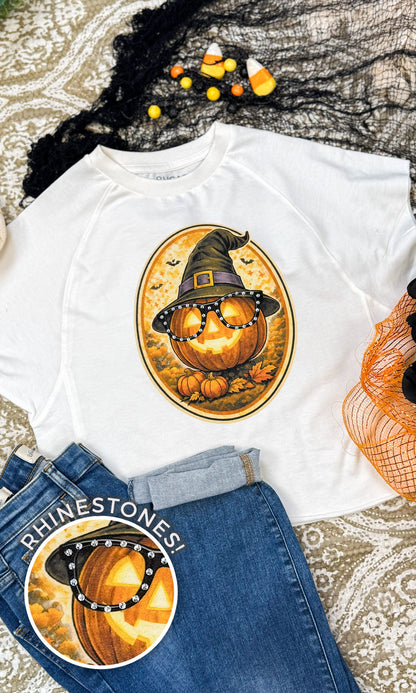 Pumpkin with Rhinestone Specs Graphic Edgy Shirt