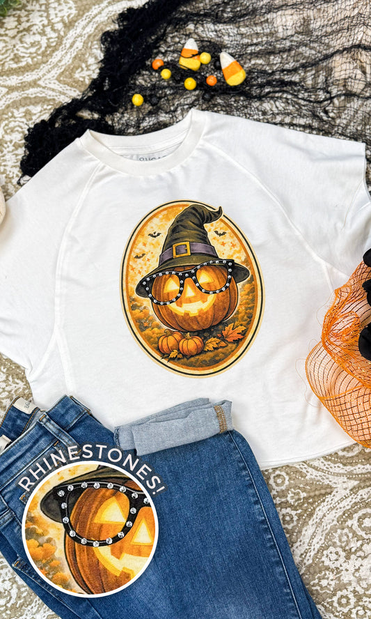 Pumpkin with Rhinestone Specs Graphic Edgy Shirt