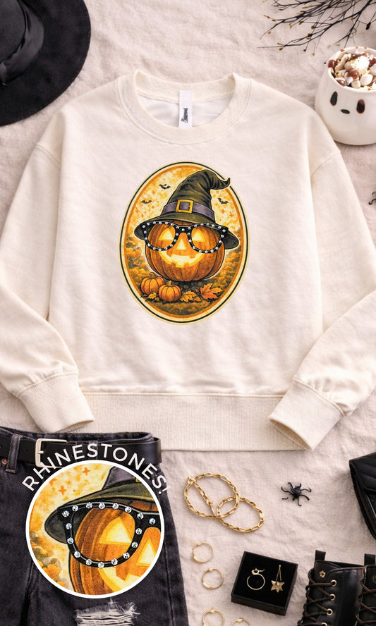 Pumpkin with Rhinestone Specs Graphic Sweatshirt