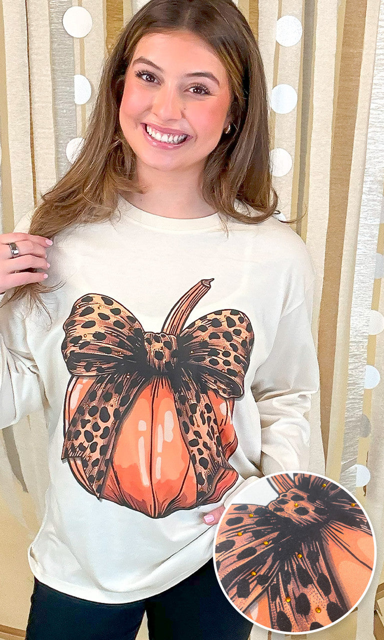 Pumpkin Cheetah Bow Rhinestone Graphic Long Sleeve Shirt