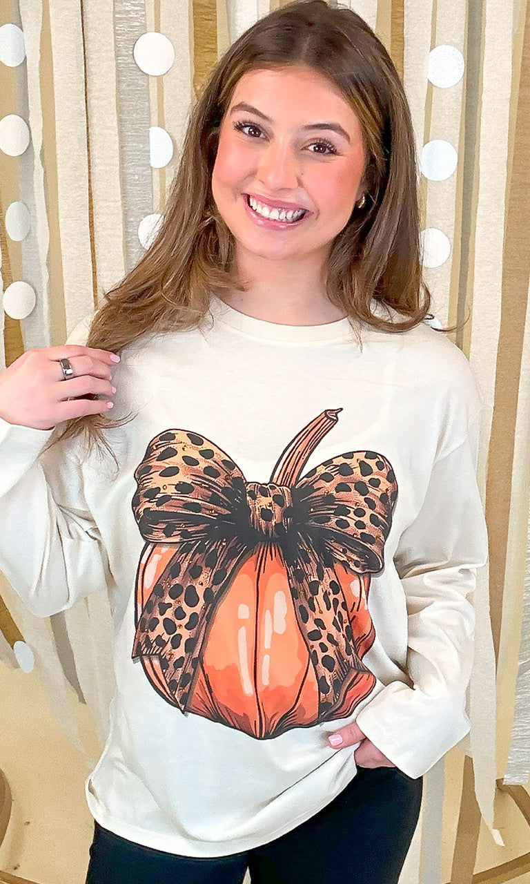 Pumpkin Cheetah Bow Rhinestone Graphic Long Sleeve Shirt