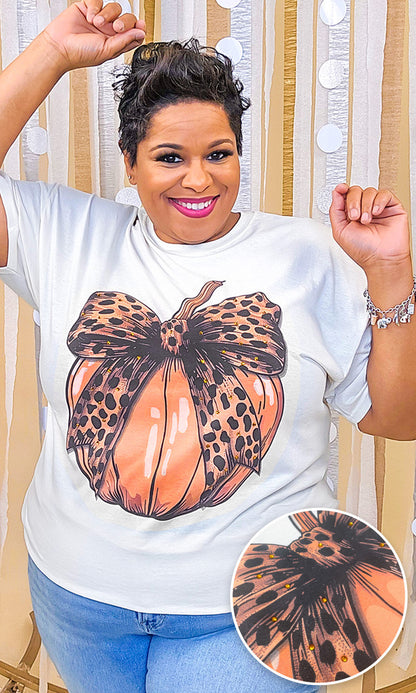 Pumpkin Cheetah Bow Rhinestone Graphic Shirt