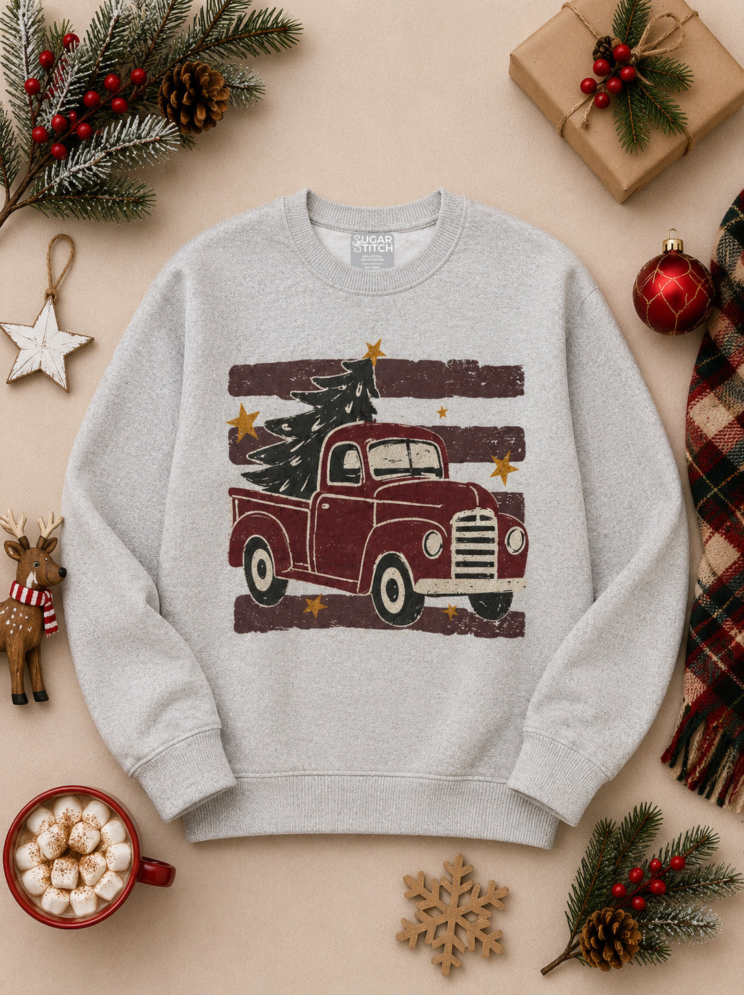 Red Truck Stripe Graphic Christmas Nantucket Sweatshirt