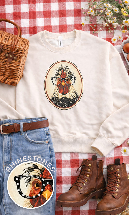 Chicken with Rhinestone Specs Graphic Sweatshirt