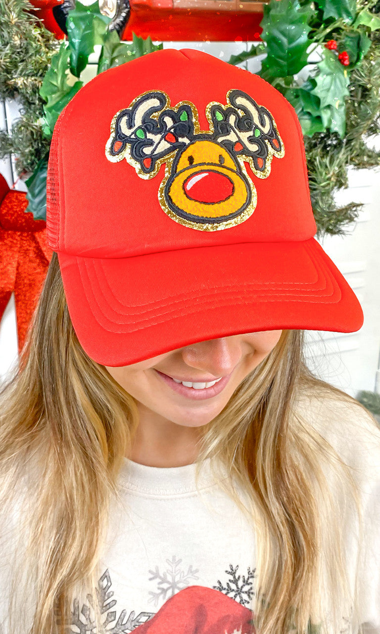 Rudolph Chenille Christmas Patch Trucker Hat