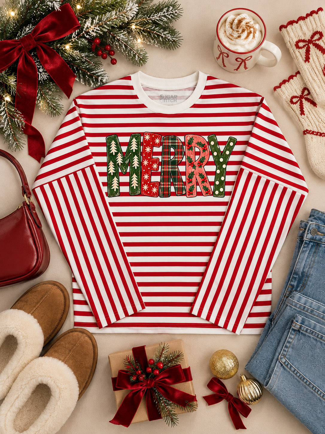 Rustic MERRY Graphic Christmas Striped Edgy Long Sleeve Shirt