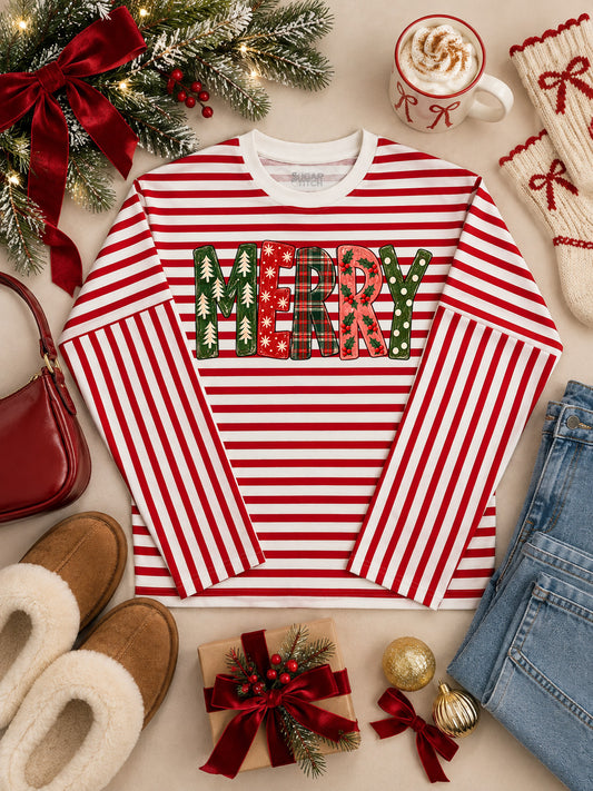 Rustic MERRY Graphic Christmas Striped Edgy Long Sleeve Shirt