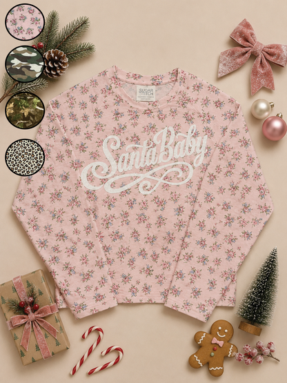 Santa Baby Script White Glitter AOP Edgy Long Sleeve Graphic Shirt