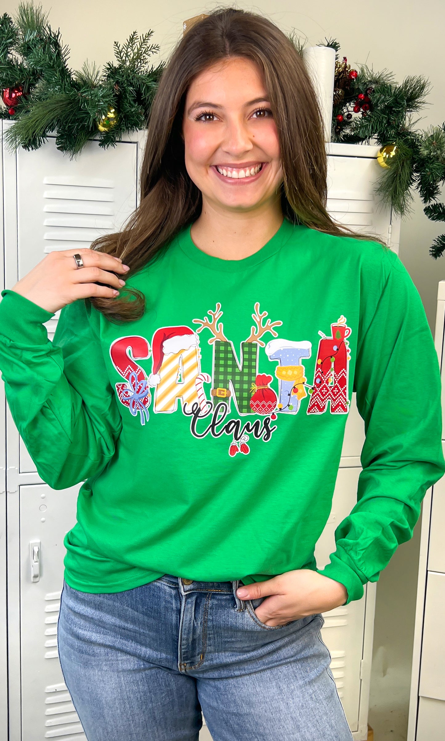 Santa Doodle Graphic Long Sleeve T-Shirt