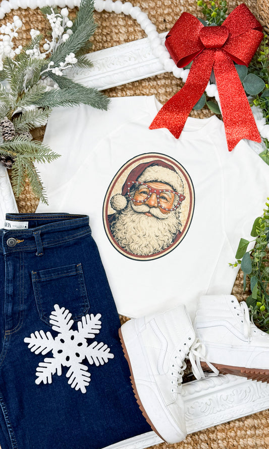 Santa with Rhinestone Specs Graphic Edgy Shirt