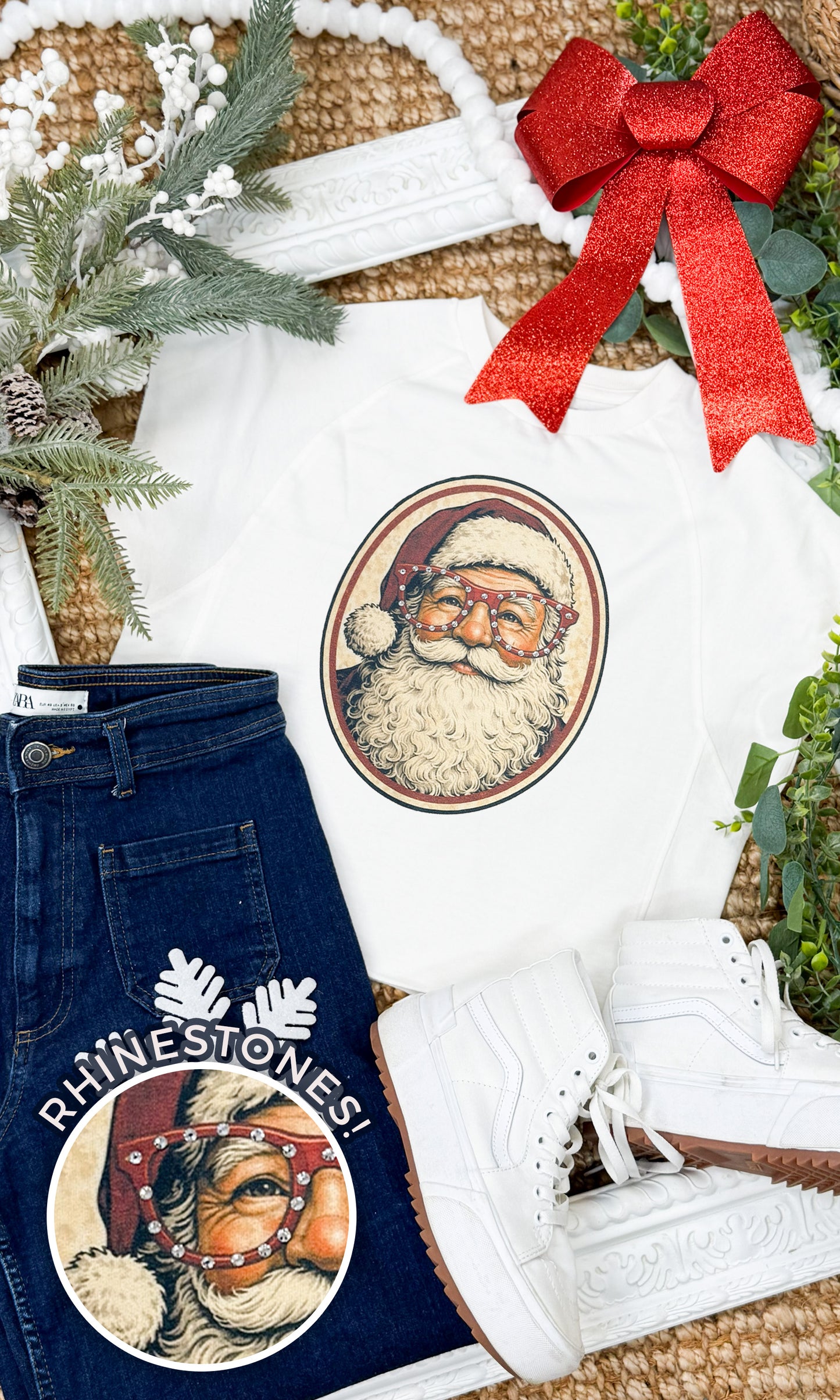 Santa with Rhinestone Specs Graphic Edgy Shirt