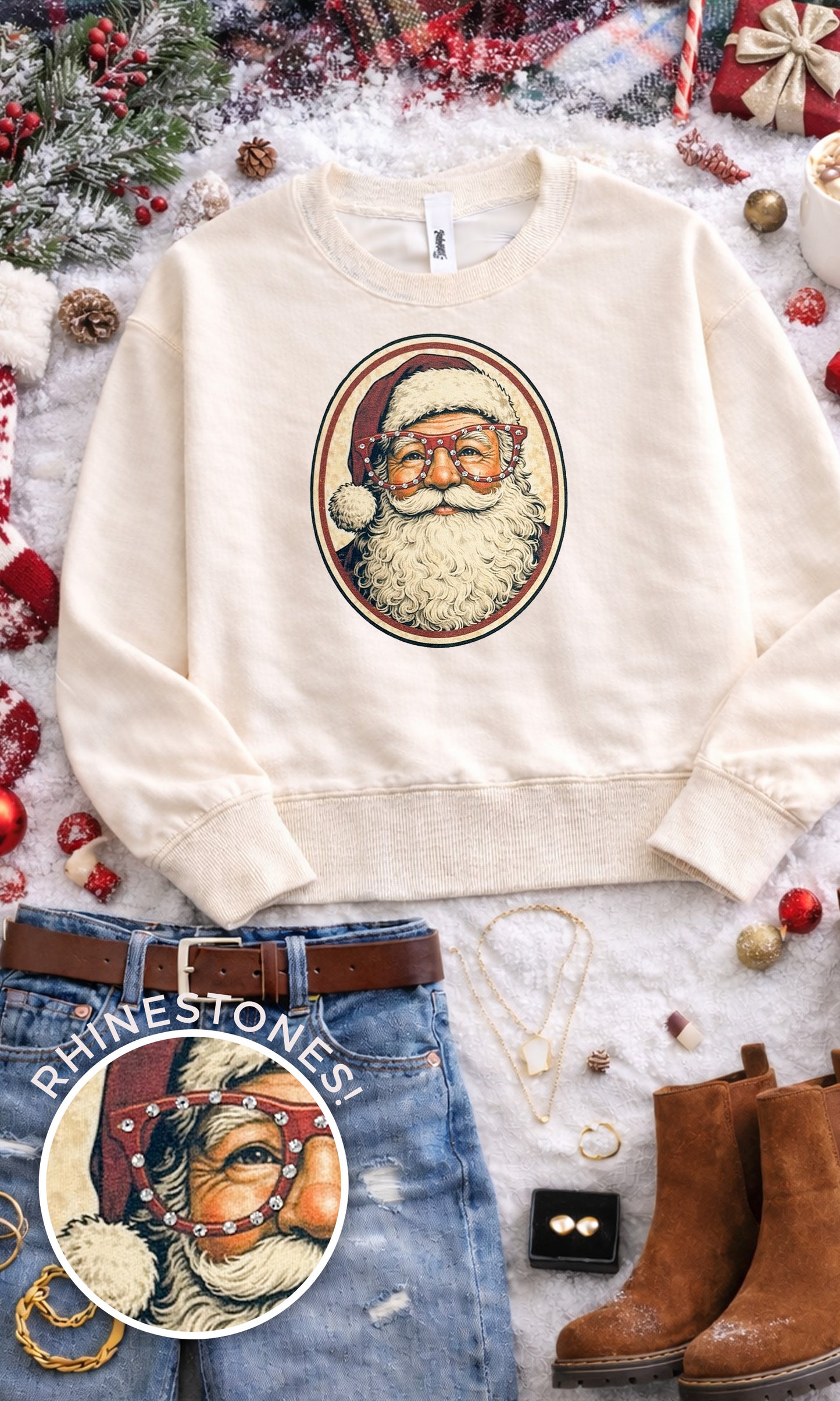 Santa with Rhinestone Specs Graphic Sweatshirt