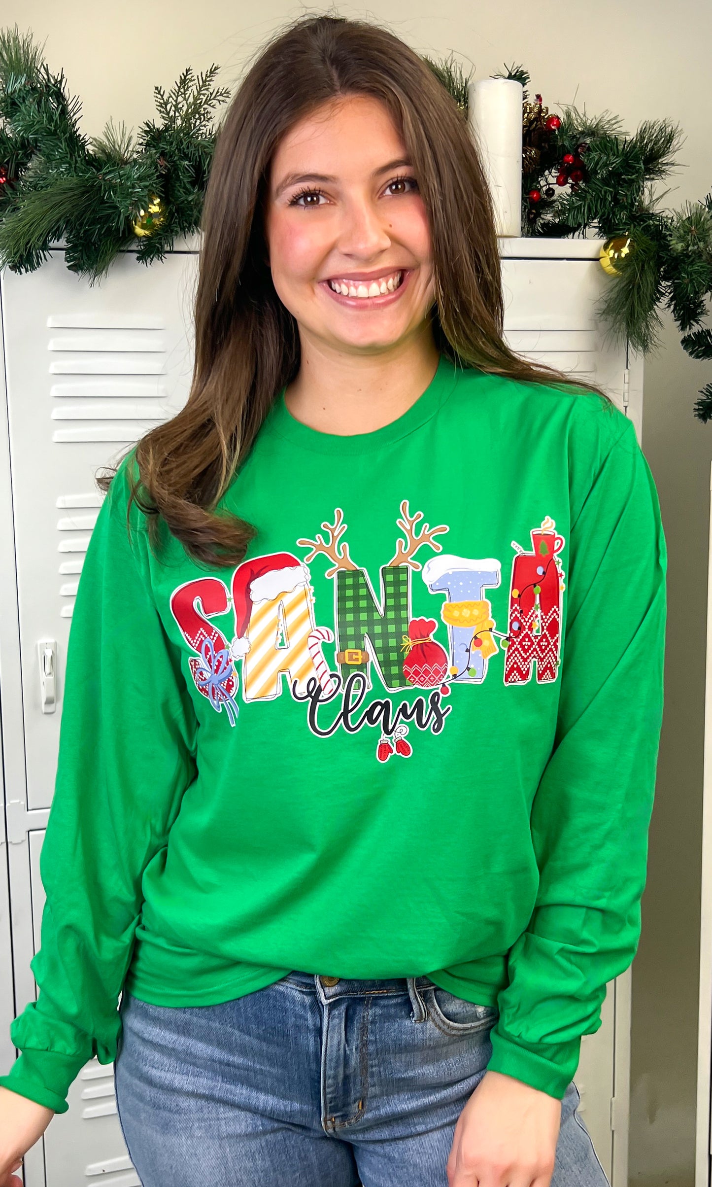 Santa Doodle Graphic Long Sleeve T-Shirt