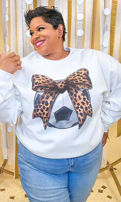 Soccer Cheetah Bow Rhinestone Graphic Sweatshirt