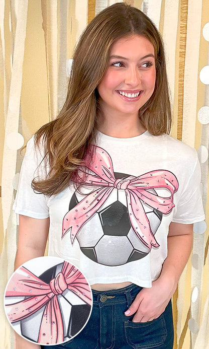 Soccer Pink Bow Rhinestone Graphic Crop Top Shirt
