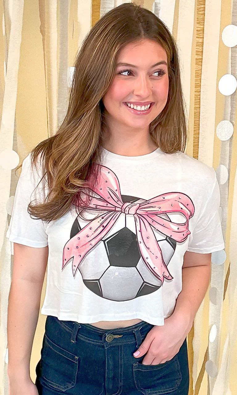 Soccer Pink Bow Rhinestone Graphic Crop Top Shirt