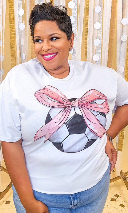 Soccer Pink Bow Rhinestone Graphic Shirt