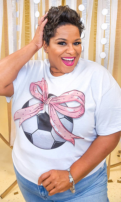 Soccer Pink Bow Rhinestone Graphic Shirt