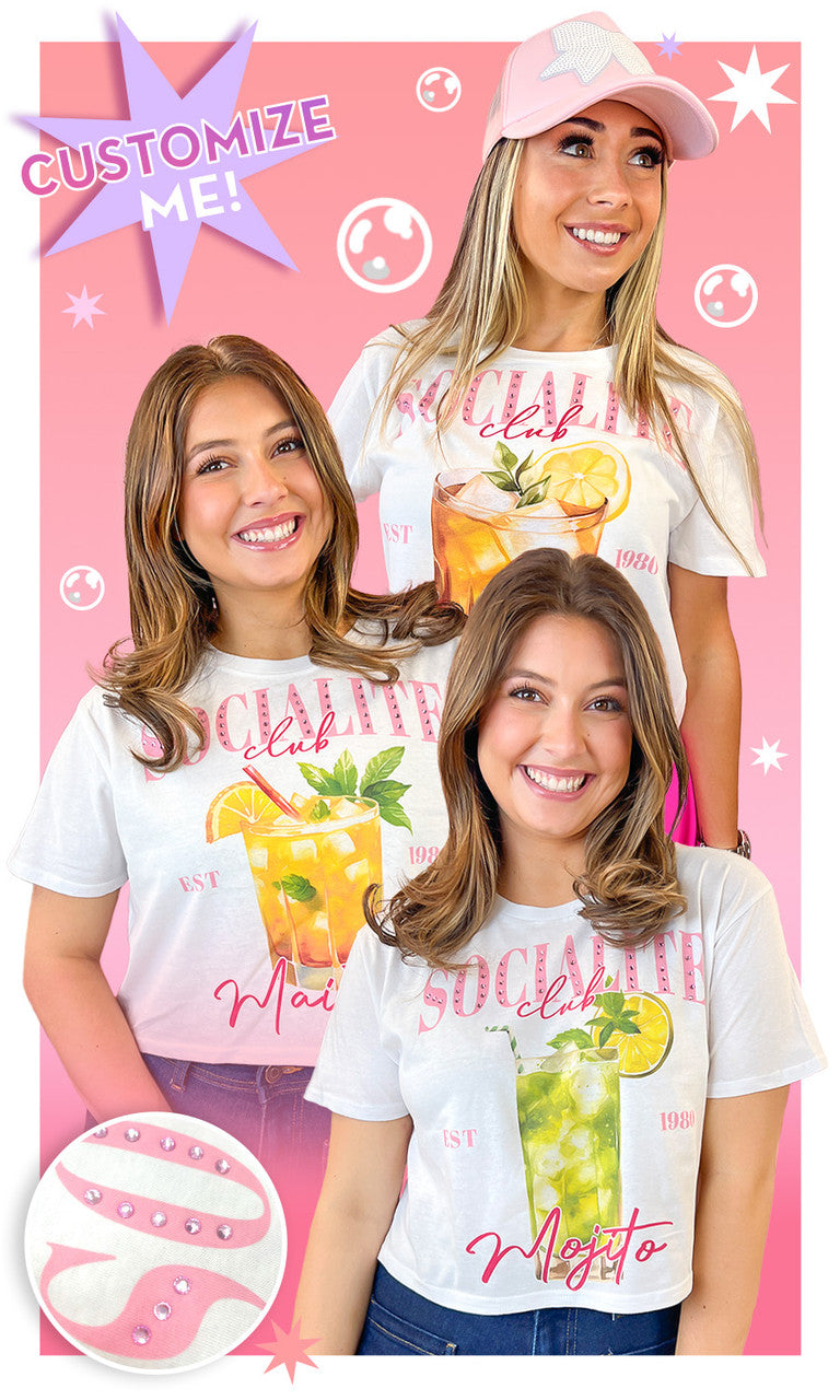 Socialite Custom Drink Club Rhinestone Graphic Crop Top T-Shirt
