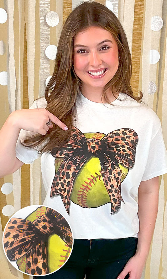 Softball Cheetah Bow Rhinestone Graphic Shirt