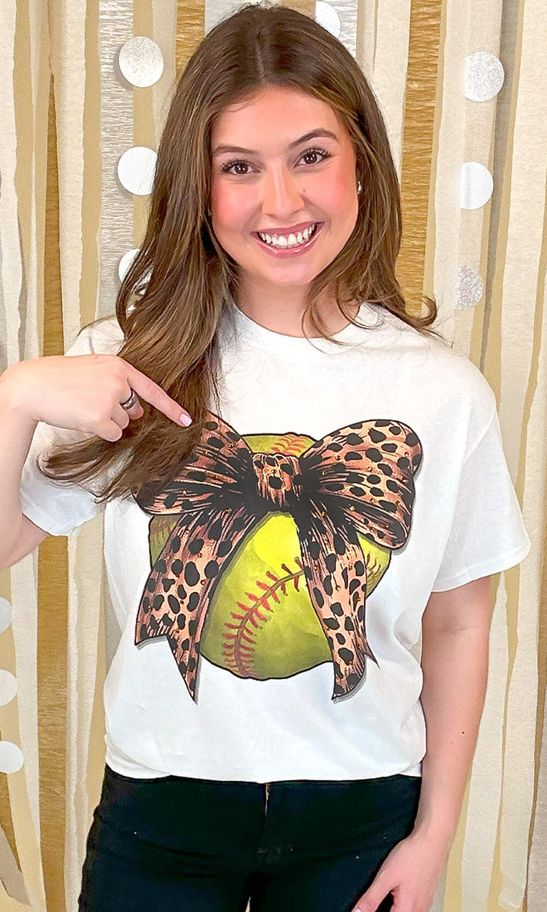 Softball Cheetah Bow Rhinestone Graphic Shirt