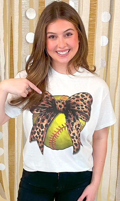 Softball Cheetah Bow Rhinestone Graphic Shirt