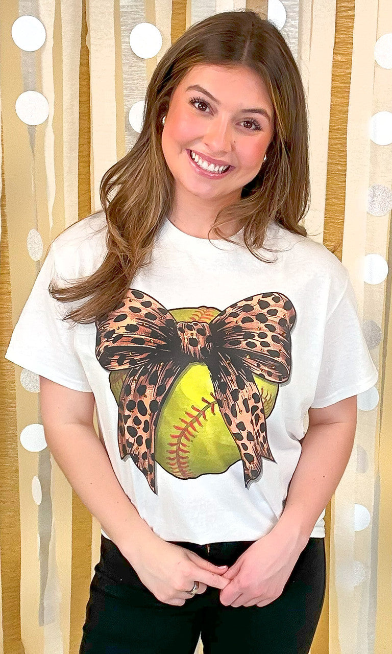 Softball Cheetah Bow Rhinestone Graphic Shirt