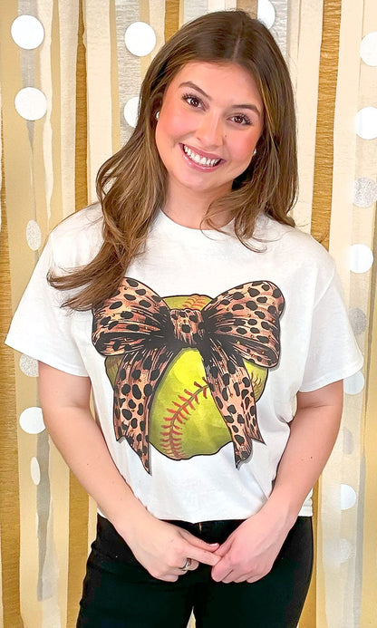 Softball Cheetah Bow Rhinestone Graphic Shirt