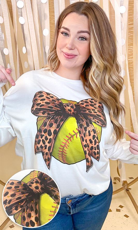 Softball Cheetah Bow Rhinestone Graphic Long Sleeve Shirt