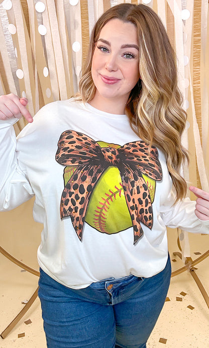 Softball Cheetah Bow Rhinestone Graphic Long Sleeve Shirt
