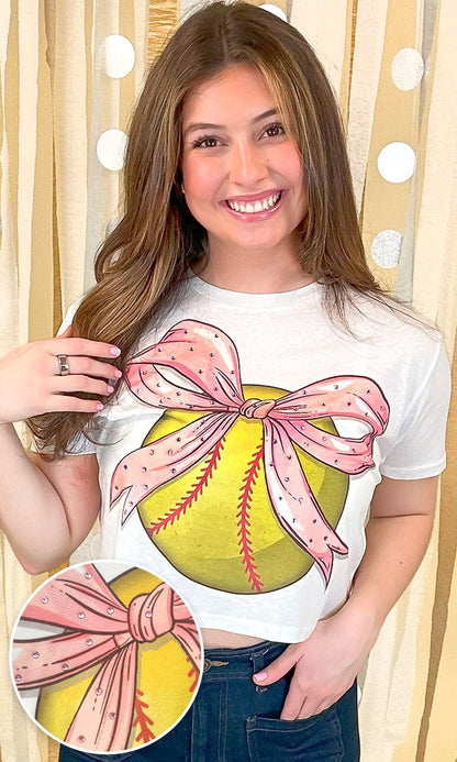 Softball Pink Bow Rhinestone Graphic Crop Top Shirt