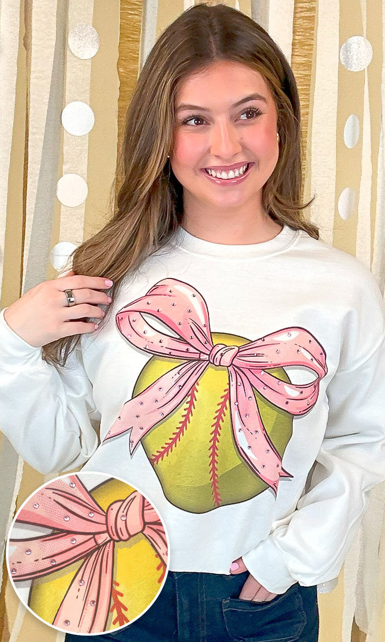 Softball Pink Bow Rhinestone Graphic Sweatshirt