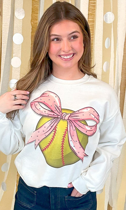 Softball Pink Bow Rhinestone Graphic Sweatshirt