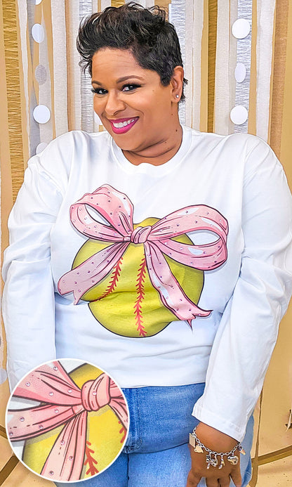Softball Pink Bow Rhinestone Graphic Long Sleeve Shirt
