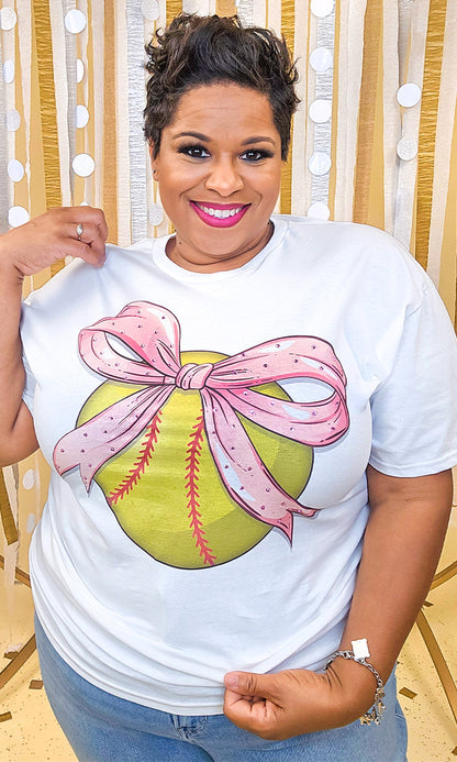 Softball Pink Bow Rhinestone Graphic Shirt