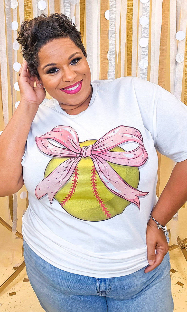 Softball Pink Bow Rhinestone Graphic Shirt