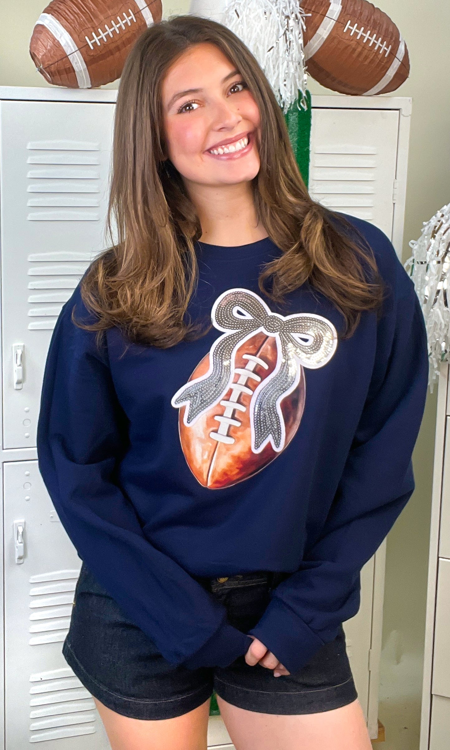 Football Sequin Bow  Graphic Sweatshirt