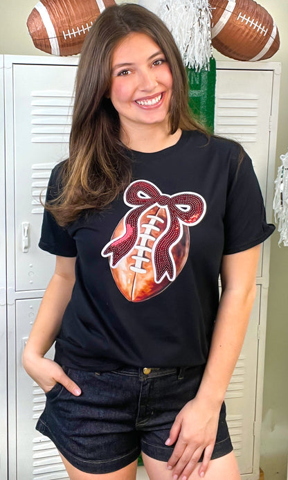Football Sequin Bow Graphic T-Shirt