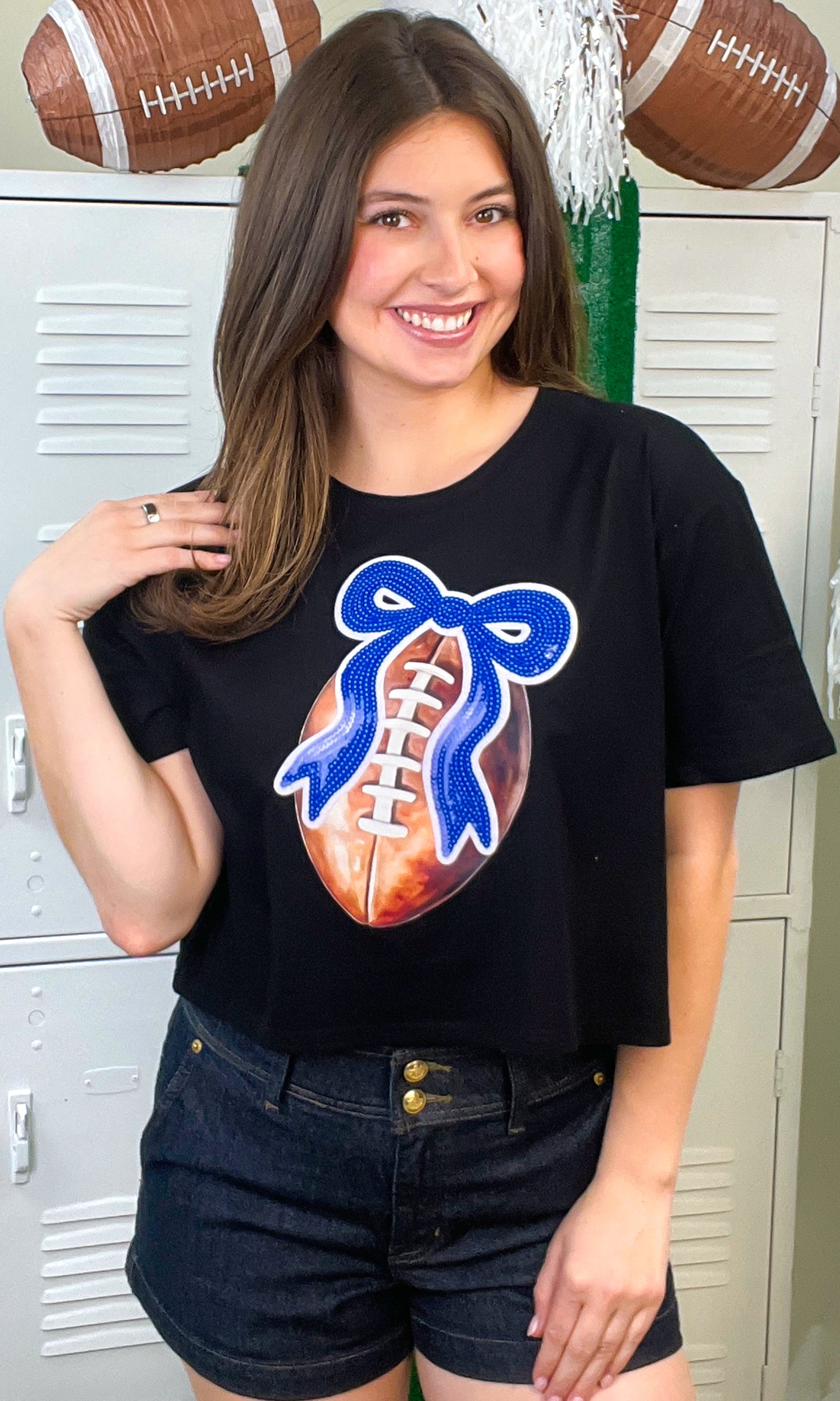 Football Sequin Bow Graphic Crop Top