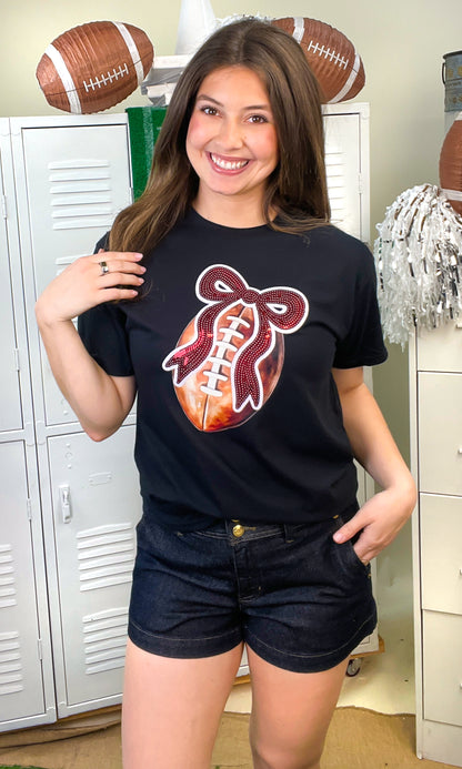 Football Sequin Bow Graphic T-Shirt
