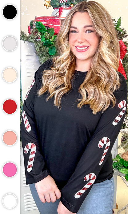 Sparkle Candy Cane Graphic Long Sleeve T-Shirt