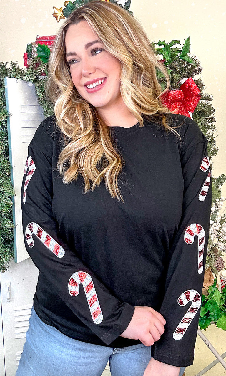Sparkle Candy Cane Graphic Long Sleeve T-Shirt