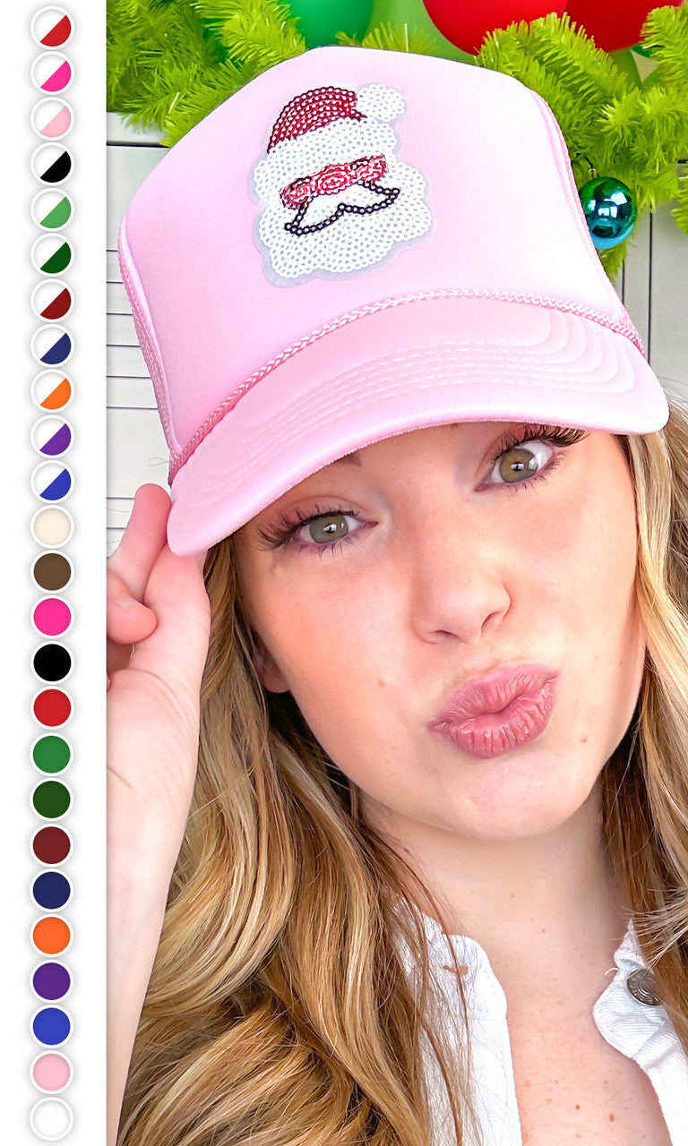Sparkle Santa Face Sequin Trucker Hat