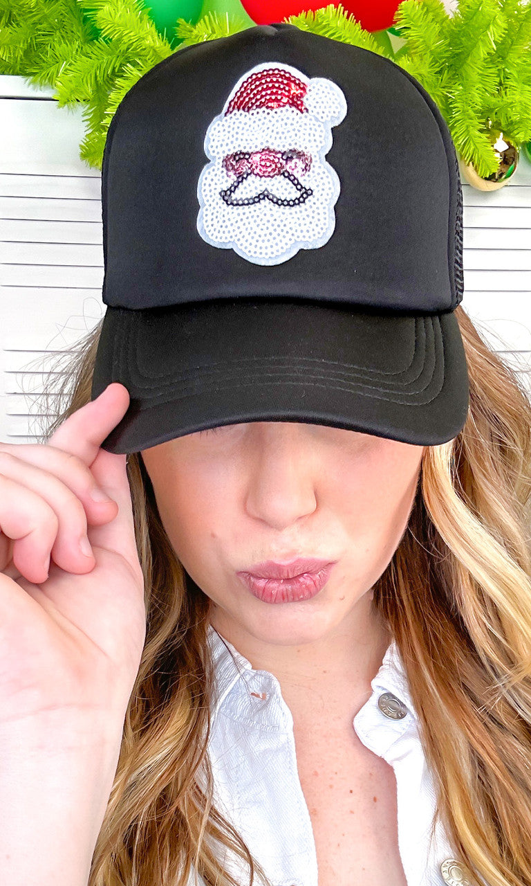 Sparkle Santa Face Sequin Trucker Hat